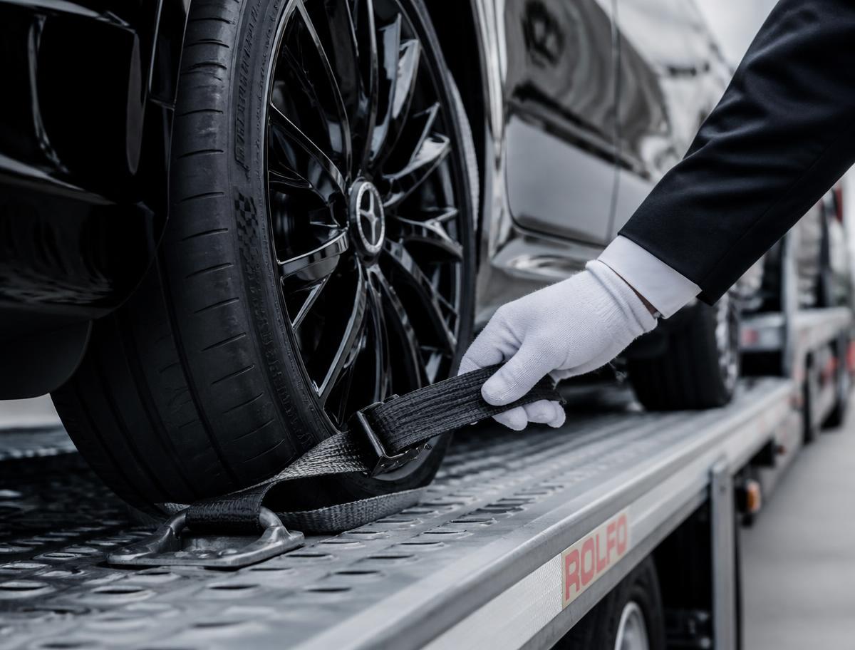 Professional carrier securing a luxury vehicle with a wheel strap